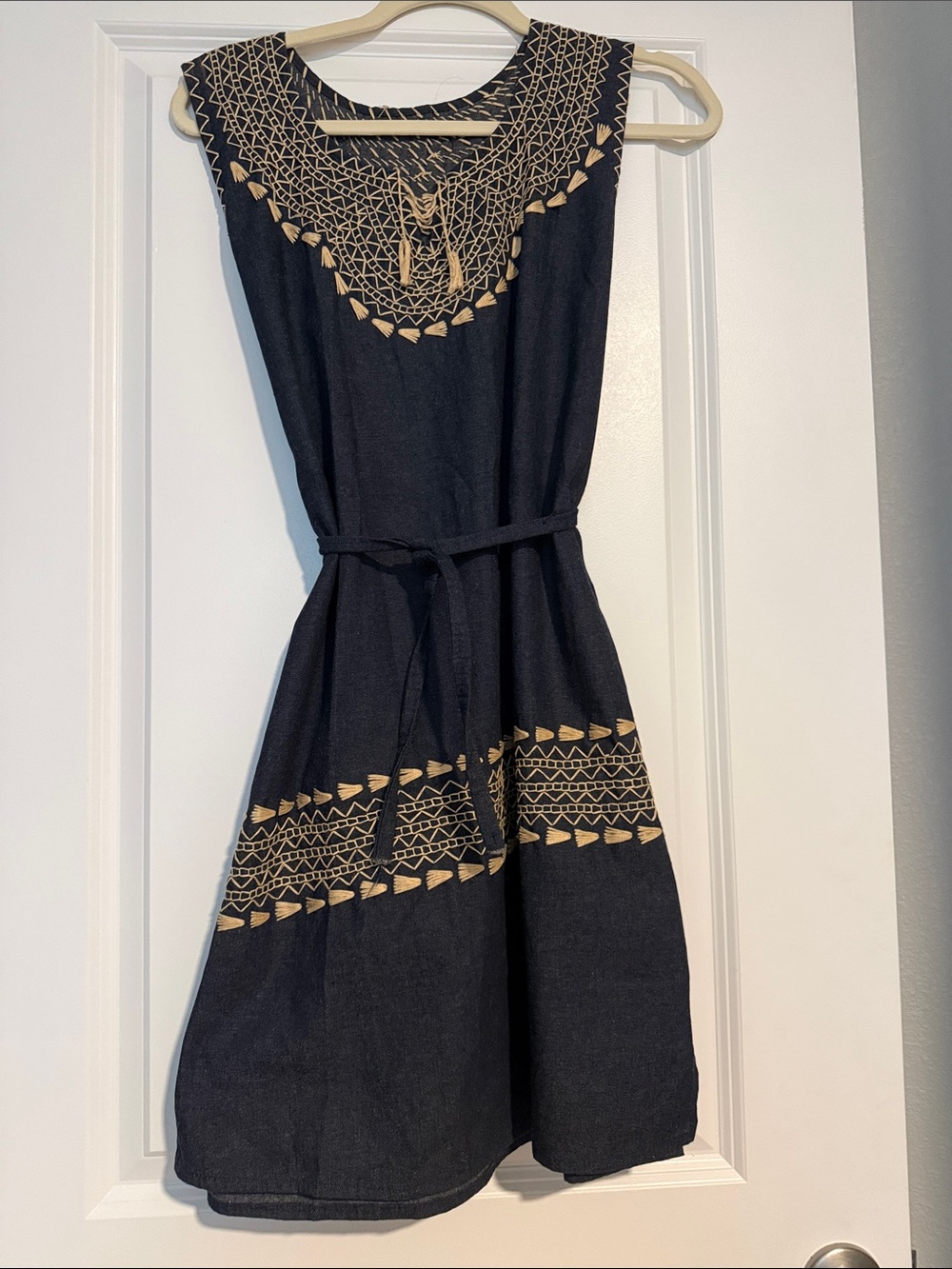 NEW Denim Sleeveless Dress with Geometric Embroidery and Self Tie